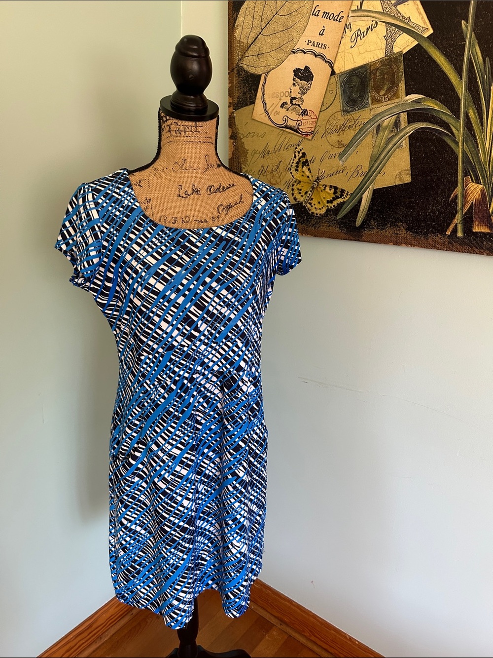 Jude Connally Blue and Black Geometric Short Sleeve Mini Dress